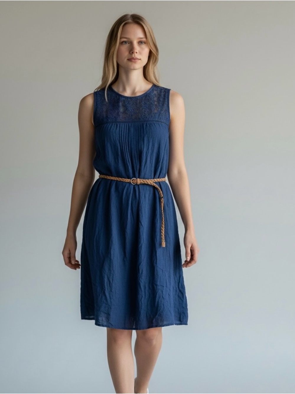 Sweet wanderer Sleeveless Navy Lace Yoke A-Line Dress with leather belt medium